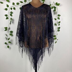 Zoey Beth Black lace poncho floral crochet fringe sheer mesh whimsigoth